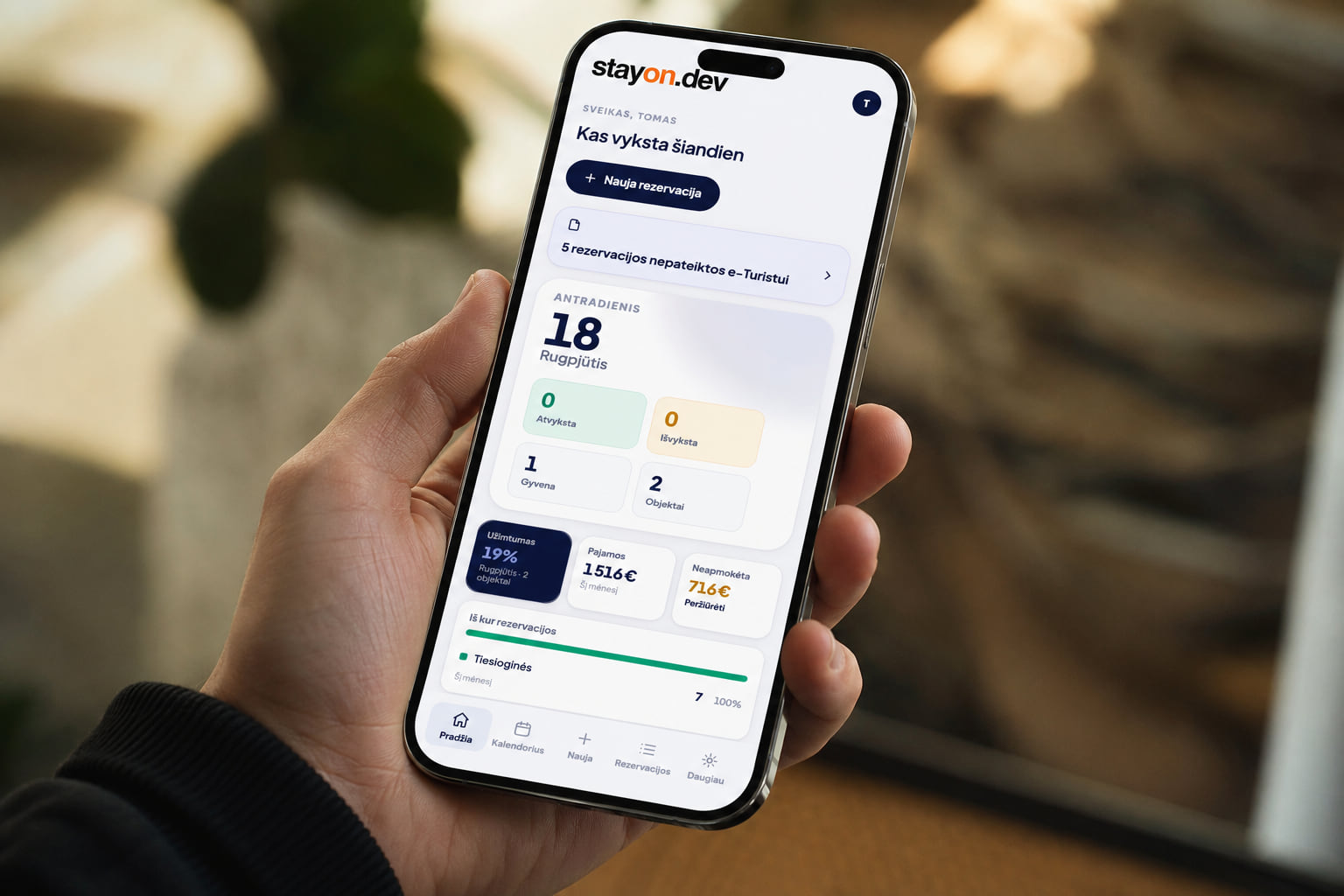 stayon.dev sistema telefone: šios dienos atvykimai, užimtumas ir pajamos