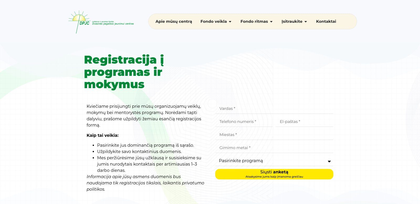 Registracija į programas ir mokymus vienoje anketoje