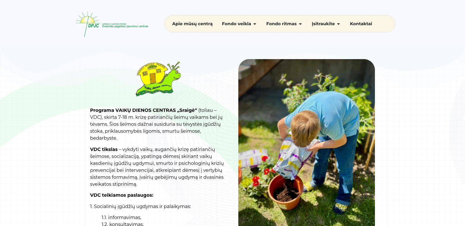 Atskiras puslapis kiekvienai programai: vaikų dienos centras „Sraigė“