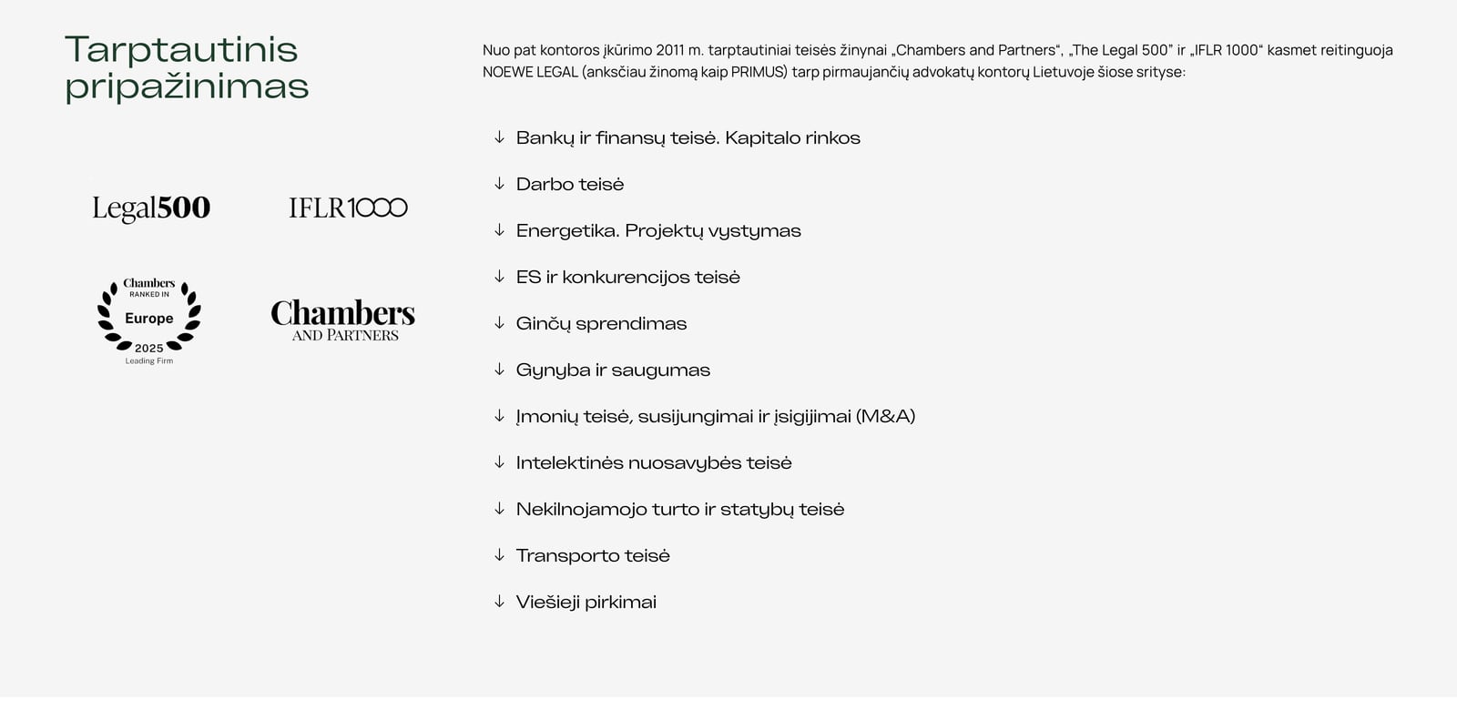 Tarptautinis pripažinimas: Legal 500, IFLR1000, Chambers
